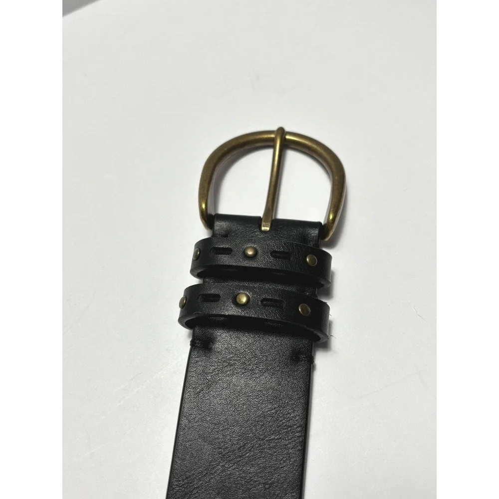 Frye and Co Belt M Black Brass Oval Buckle Studded Western Boho Casual Vegan